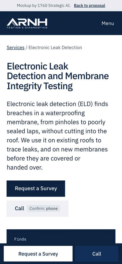 Phone view of the leak detection page mockup
