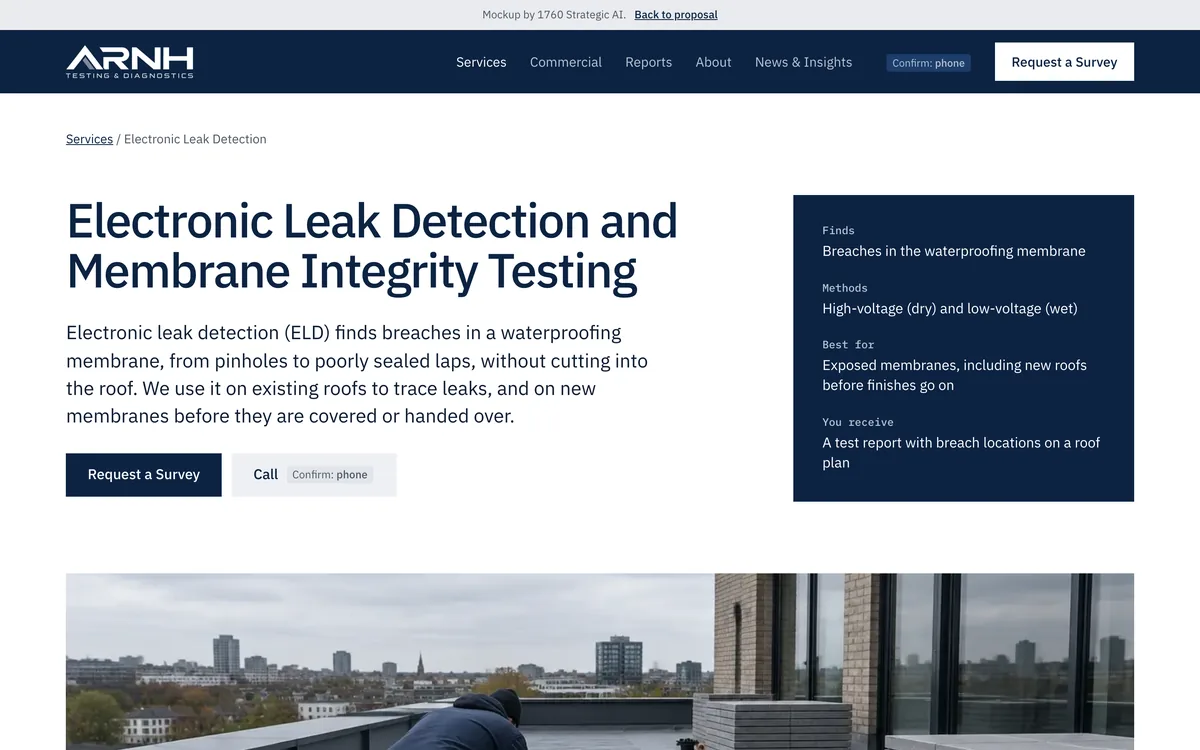Desktop view of the leak detection page mockup