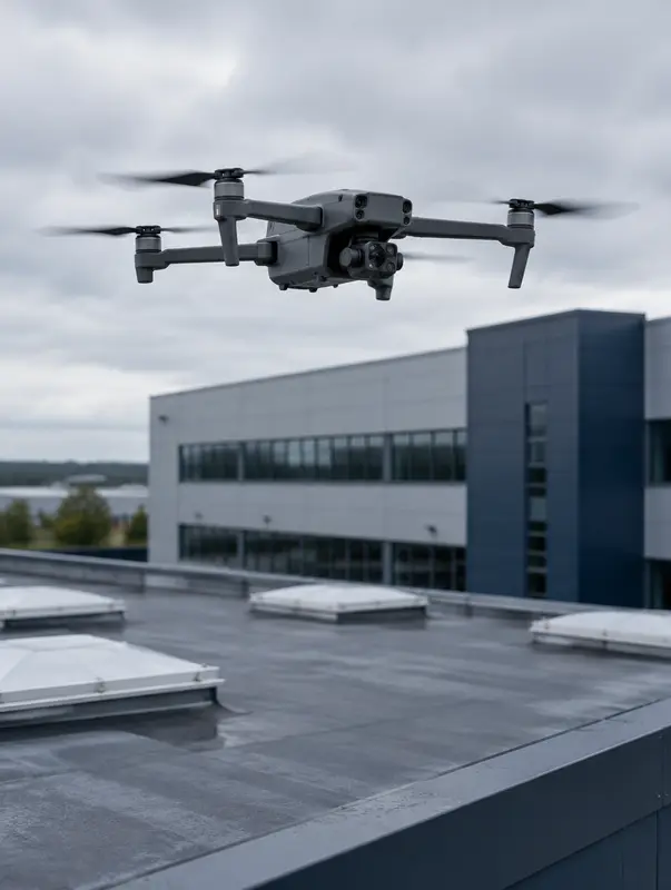 Inspection drone above a commercial flat roof