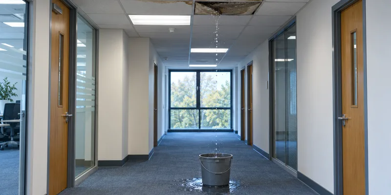 A water-stained, broken ceiling tile in an office corridor, dripping into a bucket on the carpet
