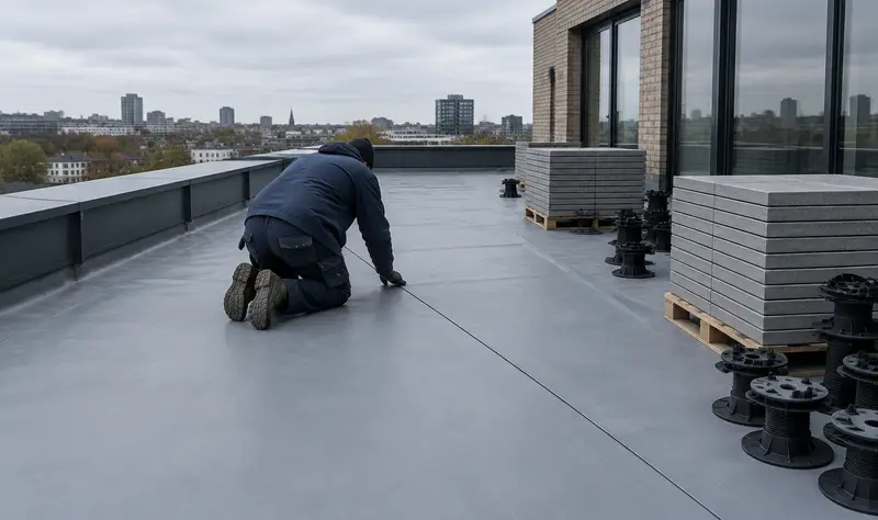 A newly laid single-ply membrane on a roof terrace, before the paving goes down